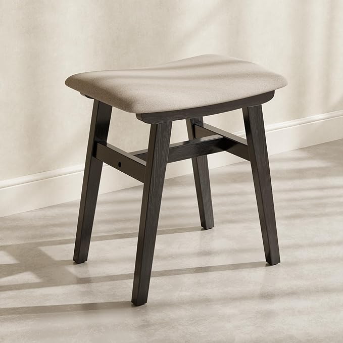 Solid Wood Vanity Stool, Compact Makeup Chair with Saddle Cushion, Linen-Covered High Rebound Sponge Seat, Easy Assembly Footstool for Bedroom, Entryway, Home, Black