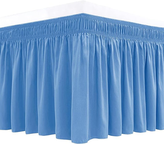 Biscaynebay Wrap Around Bed Skirts for King & Cal King Beds 15" Drop, Denim Blue Elastic Dust Ruffles with Adjustable Belts Silky Luxrious Fabric Machine Washable