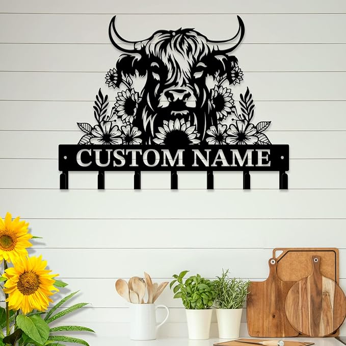 magilab Personalized Custom Highland Cow Wall Hooks,Metal Highland Cow Art Clothes Hooks,Metal Highland Cow Wall Home Storage Decorative,for Front Door, Hallway, Kitchen, Bedroom,Keys,Hats (Style L)