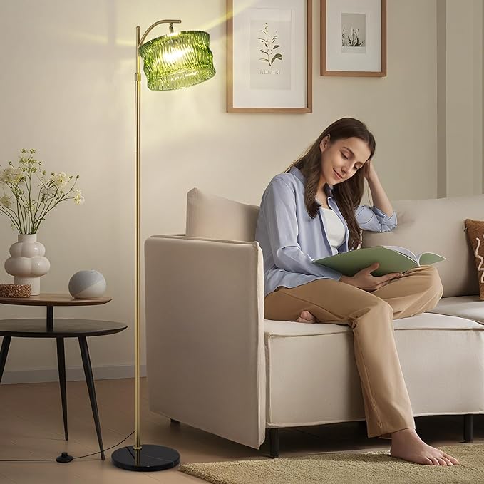 JERANDO Glass Floor Lamp for Living Room, Modern Gold Standing Lamp with Remote Control & 3 Color Temperature, Green Floor Lamps with Glass Lampshade Dimmable Tall Floor Lamp for Bedroom Corner