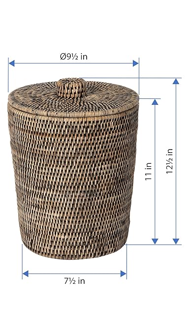 Kouboo La Jolla Rattan Round Waste Basket with Lid & Plastic Insert Black Wash