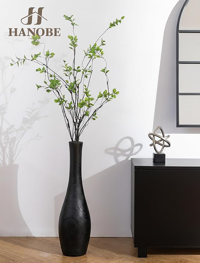 Hanobe Black Tall Floor Vase: 22 Inch Wooden Modern Decorative Vases for Living Room Bedroom Hallway Minimalist Large Standing Vase for Corner Fireplace Nook Decor