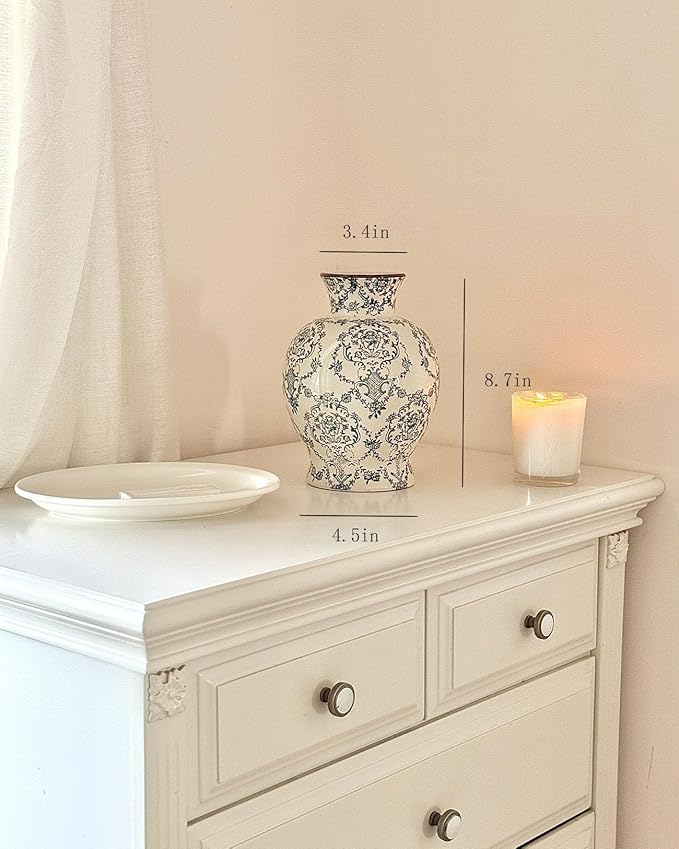 Vintage Chinoiserie Ceramic Vase, Classic Decorative Porcelain Flower Vase for Centerpiece Living Room Table Shelf, Retro Country Decor