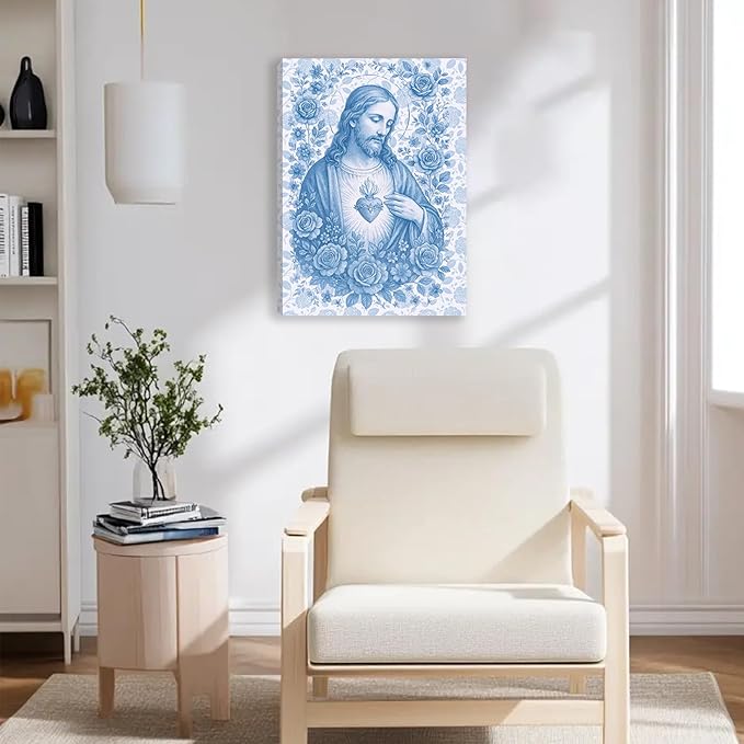 Blue Sacred Heart of Jesus Canvas Wall Art Divine Mercy Wall Decor Jesus Portrait Pictures Catholic Artwork Christian Religious Poster Prints for Bedroom Living Room Prayer Room Church 16x24in