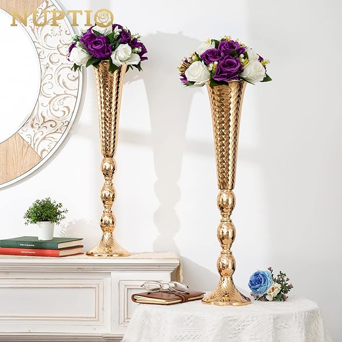 Nuptio 2 Pcs Centerpieces for Wedding Table, 24in Tall Metal Trumpet Vase, Flower Vases for Party Dinner Centerpiece Event, Road Lead for Anniversary Ceremony Birthday Aisle Home Decoration
