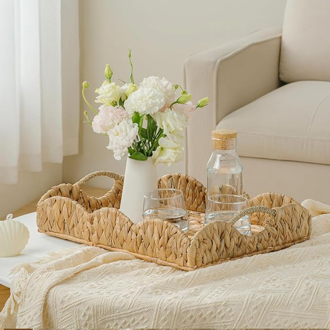 Water Hyacinth Serving Tray, Handwoven Woven Tray with Handles and Scalloped Edge, Rectangle Wicker Basket for Home Decor and Organizing, 17.3" L x 13.4" W x 3.6" H