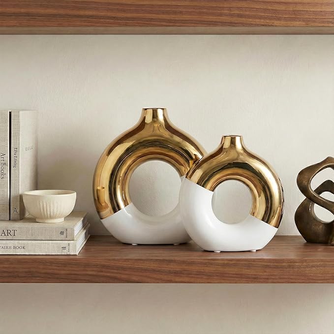 White and Gold Vase Decor Donut Vase Set of 2 - Circle Hollow Vases, Modern Matte Ceramic Vases for Entryway Living Room Bedroom Dining Table Centerpiece Office Home Decor