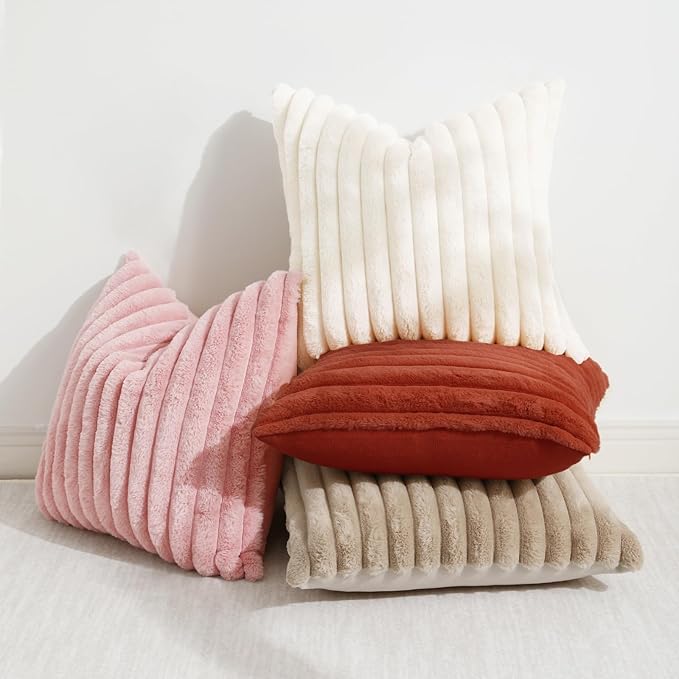 decorUhome Faux Fur Spring Throw Pillow Covers 26x26 Set of 2, Decorative Soft Plush Striped Neutral Couch Euro Sham Pillow Covers with Velvet Back for Sofa, Bed, Living Room Home, Rust