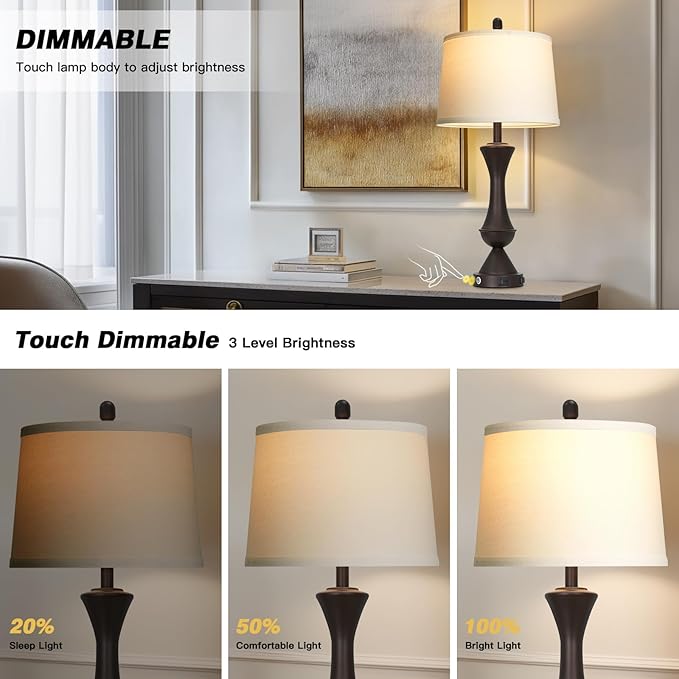 29" BrownTall Table Lamps for Living Room, Touch Control Bedroom Lamp with USB A+C Ports, 3-Way Dimmable Bedside Table Lamps Set of 2, Modern Metal Lamp for Nightstand