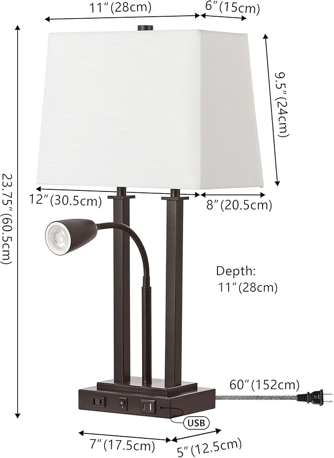 JONATHAN Y JYL1144A Blaire 23.75" 2-Light Modern Farmhouse Metal LED Table Lamp with USB Charging Port for Bedroom, Living Room, Office, Adjustable Reading Light and AC Outlet, Oil Rubbed Bronze