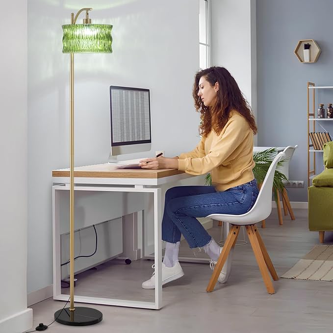 JERANDO Glass Floor Lamp for Living Room, Modern Gold Standing Lamp with Remote Control & 3 Color Temperature, Green Floor Lamps with Glass Lampshade Dimmable Tall Floor Lamp for Bedroom Corner