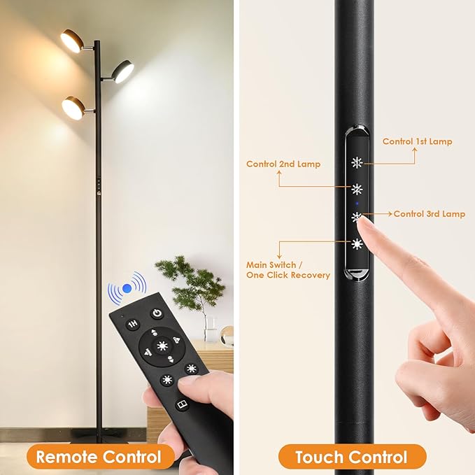 JUNNAI LED Tree Floor Lamp with Remote & Touch Control, 3 Heads Adjustable Dimmable Modern Floor Lamps with Timer, 4 Color Temperatures, Tall Standing Lamp for Living Room, Bedroom, Office, Black