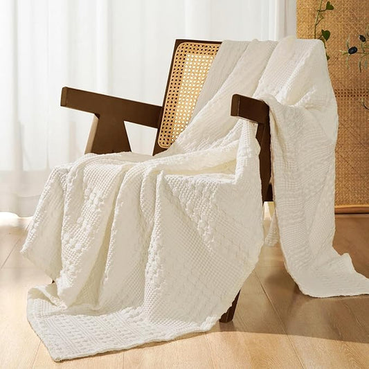 PHF 100% Cotton Waffle Weave Throw Blanket, Soft Lightweight Breathable Cozy Throws for Couch Bed Sofa, 300 GSM Luxury Aesthetic Blanket Gift for Home Decor & Office, 50"x60", Ivory