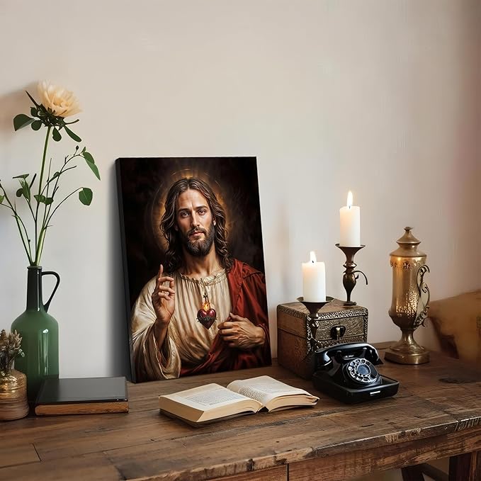 Framed Sacred Heart of Jesus Wall Art, Christian Divine Mercy Paintings Wall Decor, Christ Portrait Pictures Canvas Prints Catholic Religious Home Decor for Church Prayer Room Living Room 12X16 inch