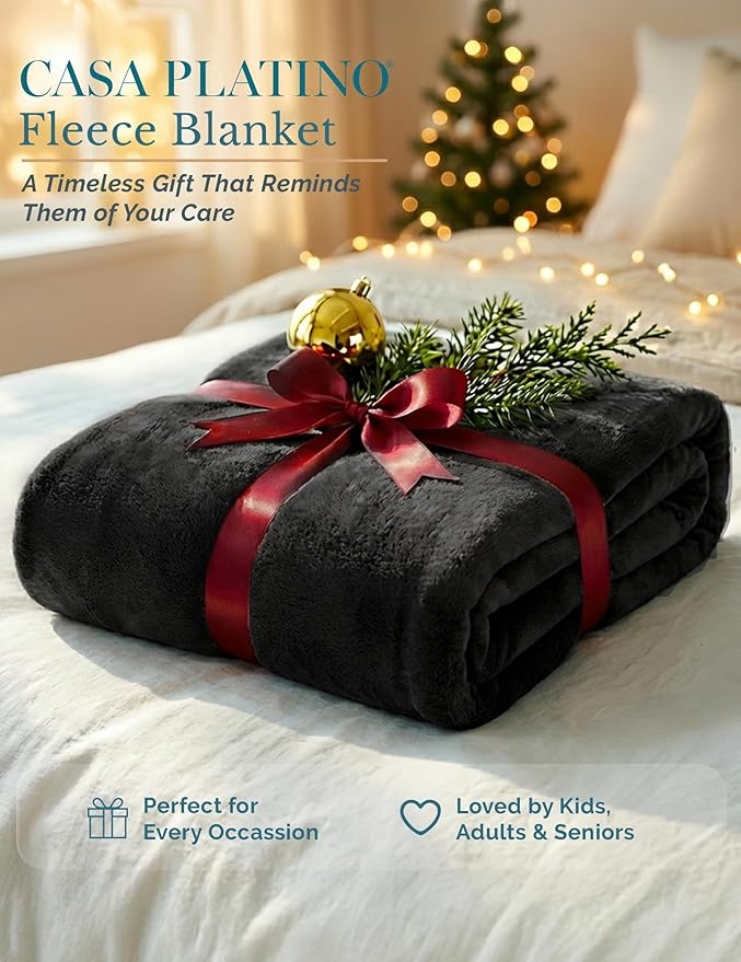 Casa Platino Fleece Blanket King Size – 300 GSM Black Fleece Throw for Bed or Couch – Soft Cozy Warm Holiday Winter Blanket for Bed, Fuzzy Plush Elegant Gifts for Men & Women - 108x90 Inch