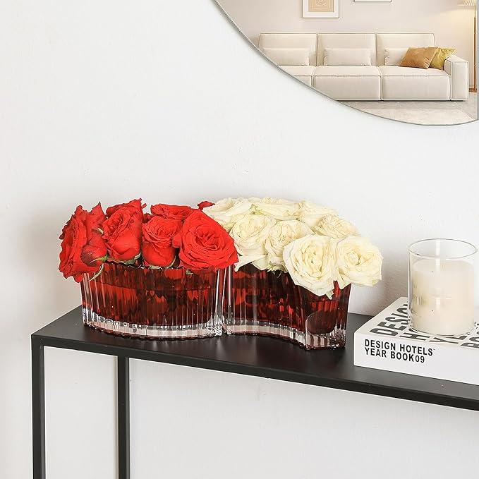 MCMCNCUIU Crystal Vases for Centerpieces, Flower Vases for Wedding Centerpieces, Red Glass Vase for Flowers, Curve Small Vase for Living Room, Bedroom, Kitchen, Dining Table, Set of 2