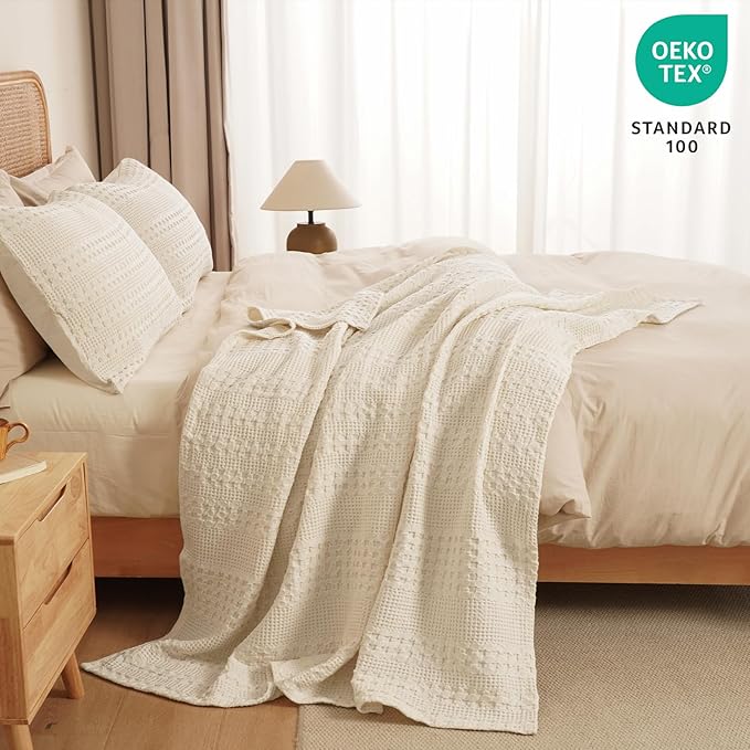 PHF 100% Cotton Waffle Weave Throw Blanket, Soft Lightweight Breathable Cozy Throws for Couch Bed Sofa, 300 GSM Luxury Aesthetic Blanket Gift for Home Decor & Office, 50"x60", Natural