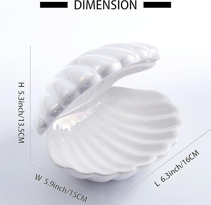 Denique Shell Jewelry Dish Tray, Ceramic Trinket Tray Clamshell Jewelry Storage Dish, Ring Holder Dish Key Bowl, Decorative Jewelry Plate, Cute Jewelry Organizer for Room Decor (White)