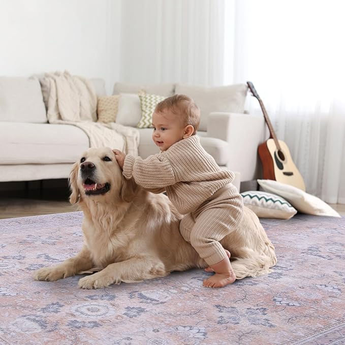 Vanmoos 4x6 Area Rug - Machine Washable, Non-Slip Soft Carpet for Living Room, Bedroom, Office, Dining Room - Durable Accent Rug for Farmhouse & High-Traffic Areas, Urban Luxe/Cream