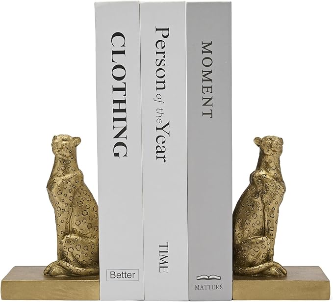 Gold Cheetah Bookends, Book Ends for Shelves to Hold Books Heavy Duty, Creative Resin Book Holders for Home Farmhouse Shelves Office Lover Gift