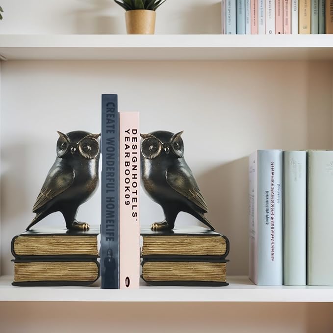 Dosker Book Ends for Shelves,Retro Owl Decorative Bookends,Cute Animal Book Holders for Kids Rooms,Offices and Bedrooms(Black)