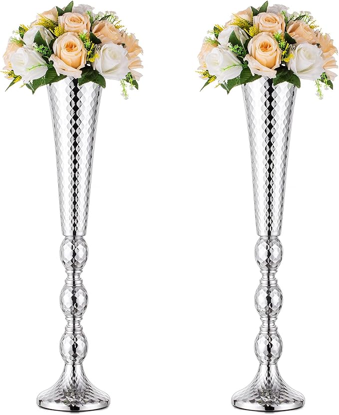 Trumpet Vase Wedding Centrepieces for Tables: Nuptio 2 Pcs Silver Vase 61cm Tall Flower Stand Road Lead for Weddings Party Dinner Centrepiece, Tabletop Vases for Anniversary Birthday Home Decoration