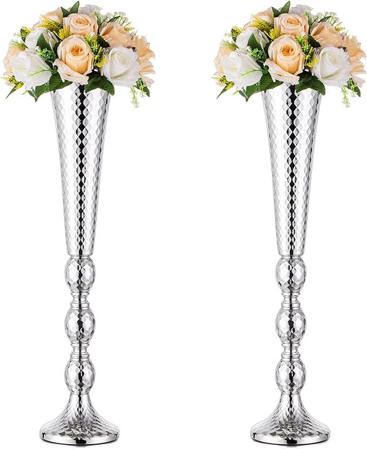 Trumpet Vase Wedding Centrepieces for Tables: Nuptio 2 Pcs Silver Vase 61cm Tall Flower Stand Road Lead for Weddings Party Dinner Centrepiece, Tabletop Vases for Anniversary Birthday Home Decoration
