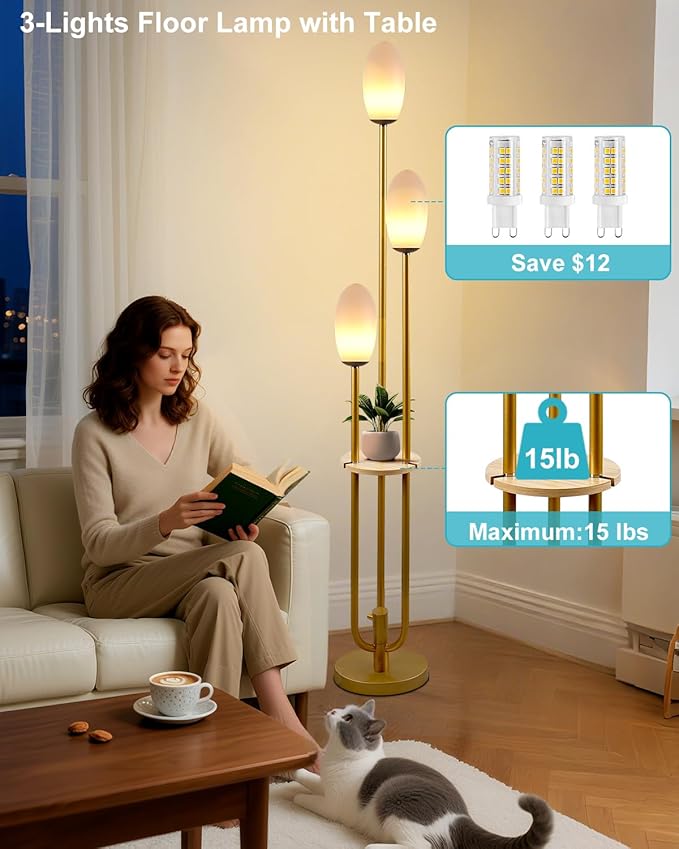 ACOHOOK Gold Dimmable Floor Lamp with Table, Unique Candle Holder Style Tall Standing Lamps with 3000K G9 Bulbs for Reading, Mid Century Modern Floor Lamp for Living Room Bedroom Office