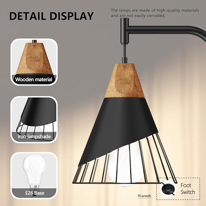 67" Industrial Floor Lamp with Wood & Black Metal Shade, Modern Standing Lamp, Rustic Farmhouse Tall Lamp for Living Room Bedroom Office, 2700K Bulb & Foot Switch Included (Black + Remote Control)