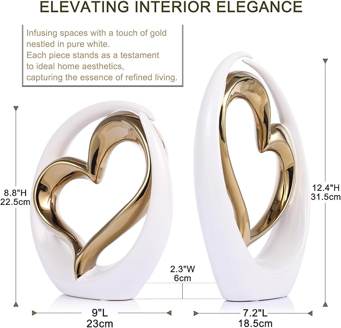 White and Gold Ceramic Statues, Abstract Heart Sculptures for Bedroom Decor, Wedding Decor, Decoraciones para Salas De Casa, for Her (D-White Gold)