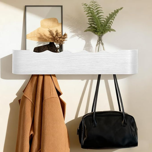 Wall Coat Rack Floating Shelves Modern Coat Rack Wall Mount with Storage Entryway Shelf Wooden Hanger 20 Inch 4 Hidden Metal Hooks for Living Room Bedroom (Wavy White, 5 Hooks)