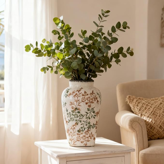 Green Ceramic Vase, Vintage Green Vases for Home Decor, Rustic Farmhouse Round Flower Vase for Living Room Table, Centerpieces, Decorative Vases for Shelf Kitchen Entryway, Chinoiserie Decor