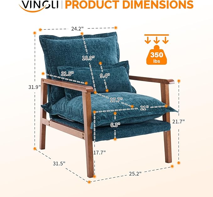 VINGLI Mid-Century Modern Cloud Accent Armchair with Lumbar Pillow, 6.3'' Thick Seat Cushion Comfortable Reading Chair with Wooden Armrests，Boho Lounge Chair for Bedroom, Living Room, Chenille, Teal