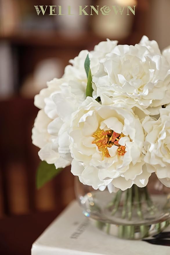 Artificial Flowers in Vase, Silk White Peonies Flowers with Globe Glass Vase & Faux Water, Fake Flower Arrangement for Home Dining Table Centerpieces Winter Spring Chritmas Wedding Party Decor Gift