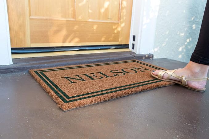 COCO MATS 'N MORE Green Double Bordered Personalized Coco Doormat 18" x 30" with Vinyl Backing | Personalized Coco Mats for Front Door Outdoor | Tough Coconut Husk Removes Dirt More Effectively