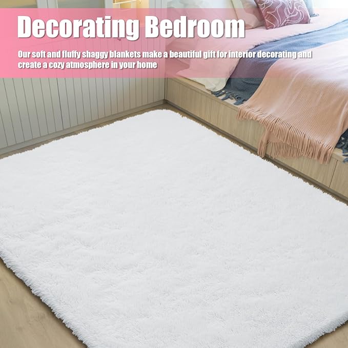 Shag Area Rug for Bedroom 4x6,White Fluffy Area Rugs for Living Room,Soft Fuzzy Rug Non-Shedding Indoor Plush Carpet for Kids Bedroom Nursery Dorm Home Decor