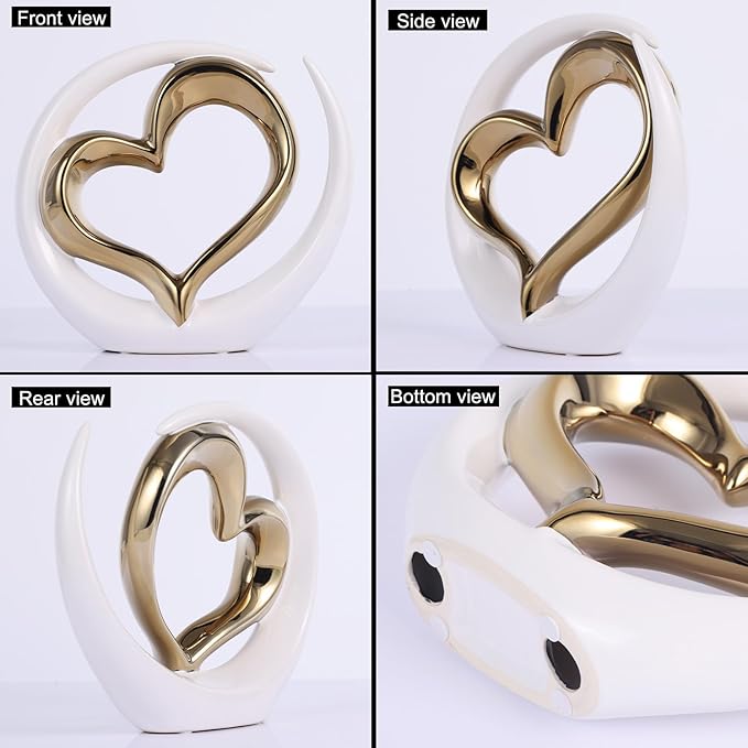 White Gold Ceramic Heart Statues Decor, Abstract Home Sculptures for Bedroom Decor, Wedding Decor, Decoraciones para Salas De Casa, Valentine Decor, Gifts for Women (E-White Gold)