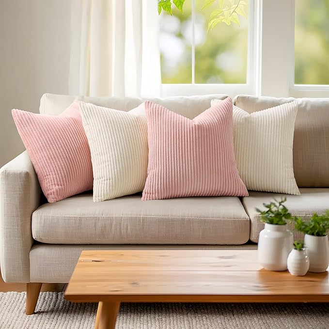 Mecatny Corduroy Decorative Throw Pillow Covers 18x18 Set of 2 for Sofa Living Room, Soft Neutral Boho Couch Pillow Covers for Home Decor, Pink
