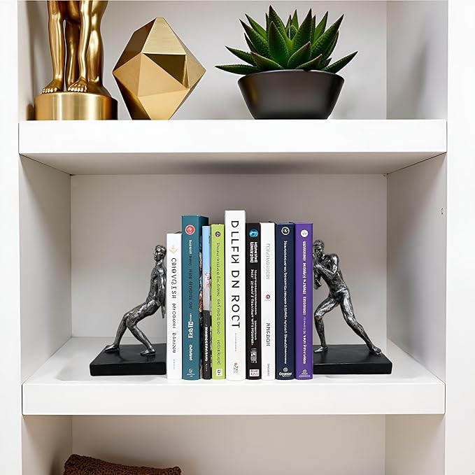 Modern Abstract Man Bookends Set of 2 – Heavy Duty Resin Sculpture Book Stoppers, Decorative Book Ends for Home Office Bookshelf Organize