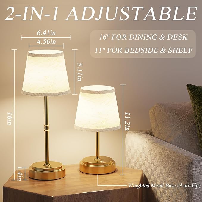 Cordless Table Lamp Rechargeable, Antique Brass LED Touch Lamp with 7500mAh Battery - Portable Dimmable Light for Dining Room, Patio & Bedroom, 2-in-1 Adjustable Height (16"/11", Warm White)