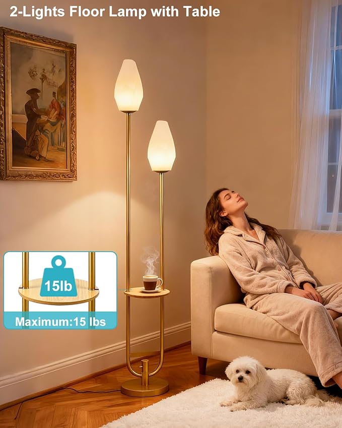 Lightdot 63IN Gold Floor Lamp with Shelf, Mid Century U-Shaped Tall Standing Lamps with 2 Rock-Shaped Lampshades, 3000K Warm White Unique Modern Dimmable Floor Lamp for Living Room/Bedroom