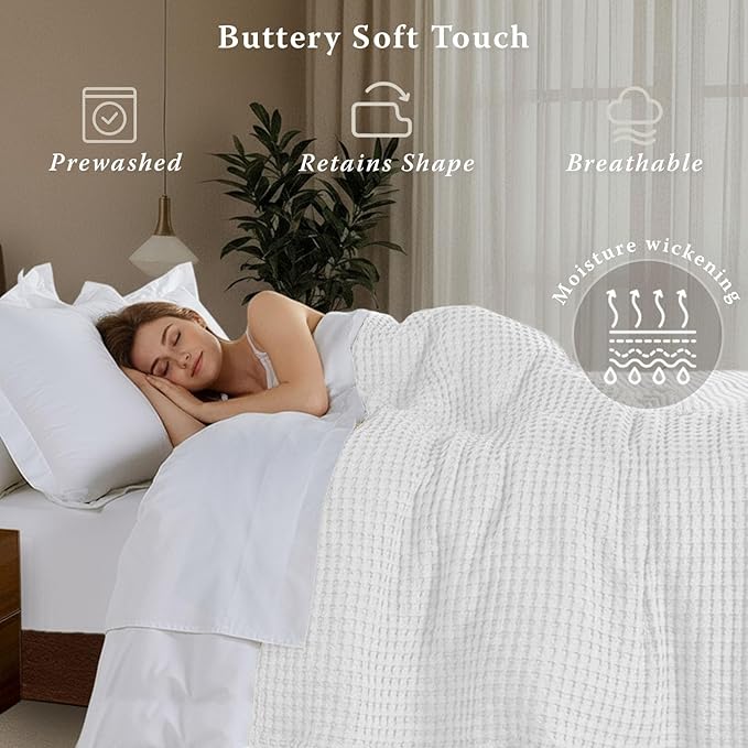 Threadmilll Cooling Blanket Twin Size Waffle Weave| Breathable, Lightweight & Ultra-Soft | Made from Rayon Derived from Bamboo | Waffle Throw for Couch and Sofa | 68 x 92 Inches | White