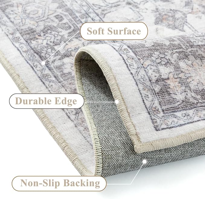 PureCozy 6x9 Grey Area Rug Vintage Washable Living Room Boho Carpet Non Slip Bedroom Indoor Office Low Pile Large Traditional Distressed Retro Accent Rug for Dining Room Bathroom Office Kitchen Dorm