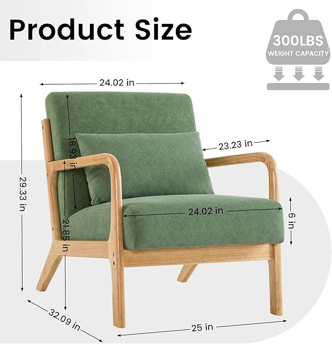 Aunekiv Accent Chair with Pillow Upholstered Mid-Century Chair Living Room Chair for Small Space Solid Wood Frame Reading Chair with Soft and Thick Cushion Armchair for Bedroom Balcony DarkGreen 1PC
