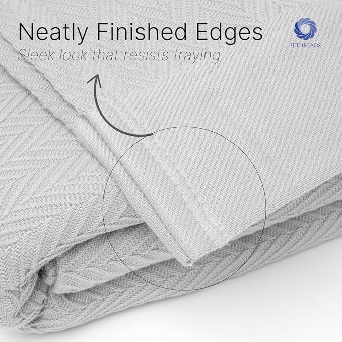 9Threads 100% Cotton Herringbone Weave Blankets, 66"X90" Twin, Throw Blanket for Bed,All Season Cotton Blanket, Cozy Blanket,Throws Bed Blanket, Throw Blanket for Couch,Modern Home Decor -Light Grey