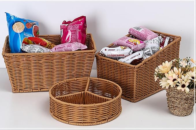 12" Poly Wicker Bread Basket, Hand Woven Food Storage Room Organizer, Fruits, Vegetables and Snacks Tabletop Food Serving Basket, Restaurant, Hotel Service, Brown (11.9x8x5.9)