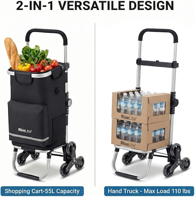Stair Climbing Shopping Cart for Seniors, Tri-Wheel Grocery Cart for Stairs & Apartments, Foldable Utility Trolley with Insulated Cooler & Adjustable Handle, 110 lbs, Waterproof