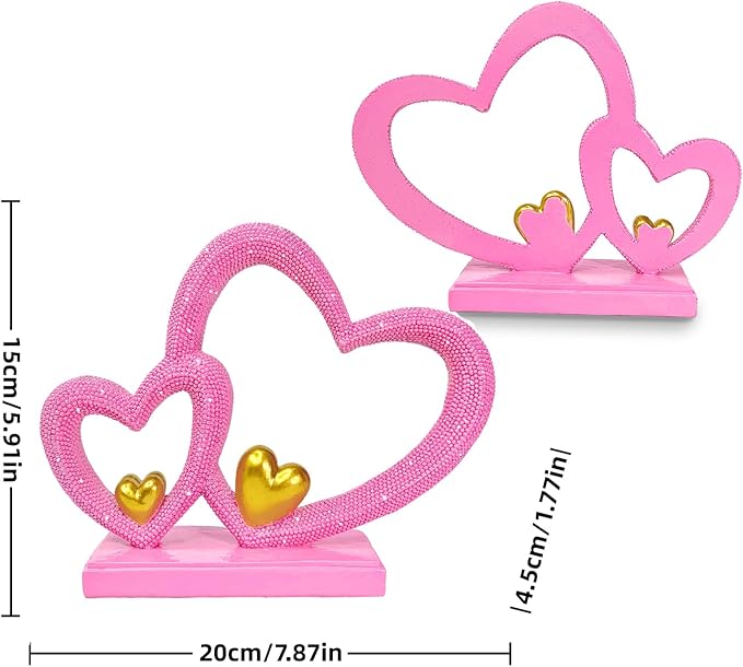 Double Heart Sculpture Valentine’s Day Statue, Faux Beaded Texture with Gold Accents, 7.9" Pink Romantic Decor for Shelf, Mantel, Bedroom, Wedding, for Her