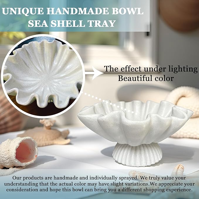 Large Decorative Bowls for Home - Fruit Pedestal Bowl for Coastal Decor - Scalloped Bowl - 10.3" Off-white Resin Unique Decor for Coffee Table