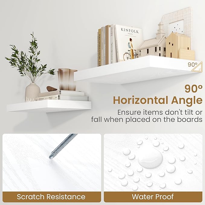 Fun Memories 55 Inch Floating Shelves in White, 9.3 Inch Deep Floating Shelf for Bathroom Living Room Kitchen, Rusitc Wall Mounted Bathroom Shelves 2 Pack, Heavy-Duty Deep Shelf for Books Decor
